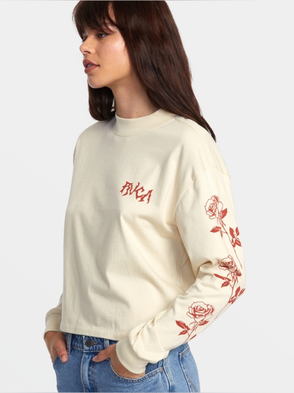 RVCA Cream Cropped Sweatshirt with Red Rose Sleeve Print Size XS